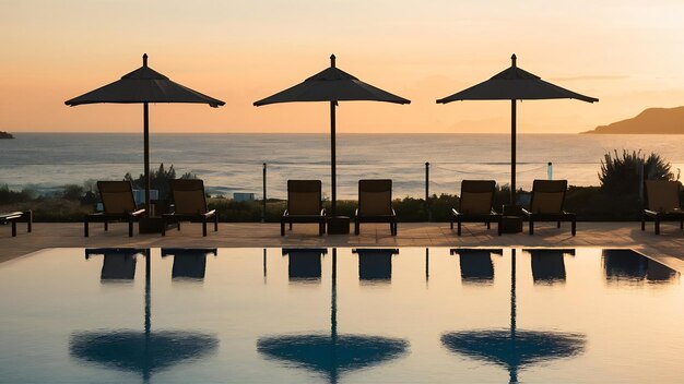Ombrello e sedia intorno alla piscina all'aperto vicino al mare nel resort dell'hotel