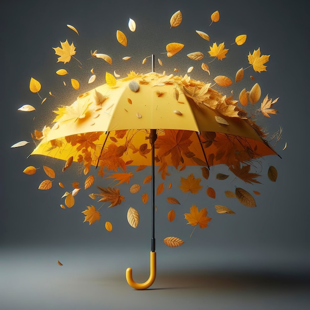 ombrello giallo con foglie secche che cadono dall'interno su uno sfondo grigio