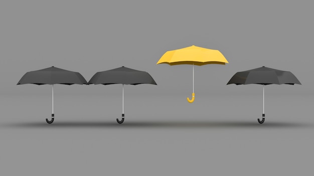 Ombrello giallo torreggia su ombrelloni neri, illustrazione 3d