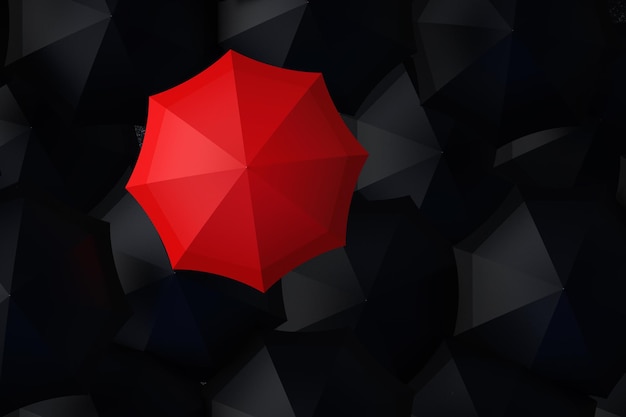 Ombrello rosso che si distingue da molti ombrelli neri. Leadership, indipendenza, iniziativa, strategia, pensare in modo diverso, concetto di successo aziendale. Angolo superiore.