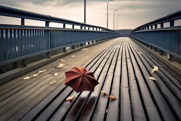 Ombrello rotto spazzato dal vento su un ponte creato con l'intelligenza artificiale generativa