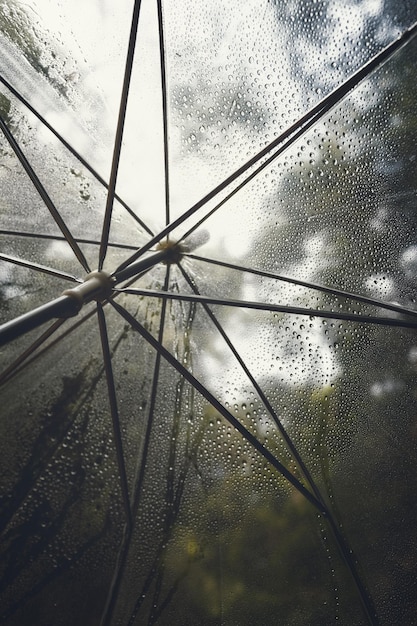 Ombrello trasparente con gocce d'acqua splashTema della pioggia estiva nella foresta