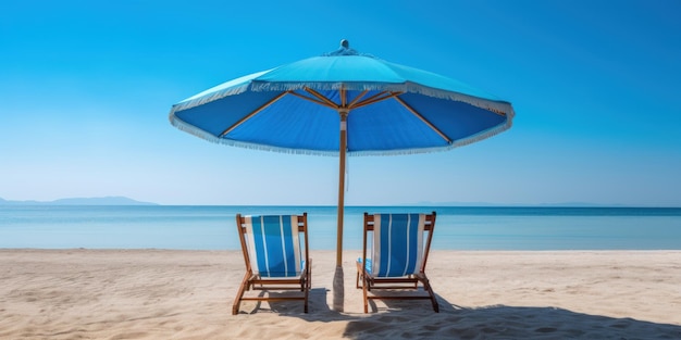 Ombrellone blu con sedie a sdraio sulla spiaggia tropicale sfondo cielo blu IA generativa