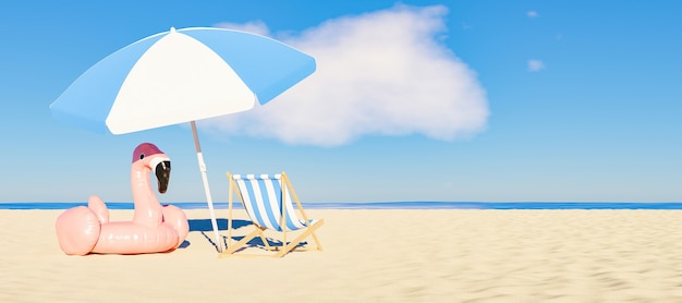 Ombrellone con galleggiante fenicottero e sedia sulla spiaggia di sabbia con il mare sullo sfondo