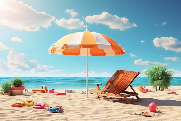 Ombrellone da spiaggia con sedie anello gonfiabile sul concetto di vacanza estiva di sabbia della spiaggia rendering 3d