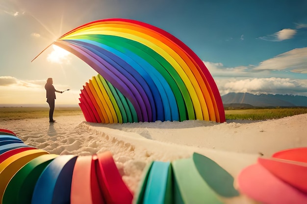 ombrelloni arcobaleno su una spiaggia con le montagne sullo sfondo.