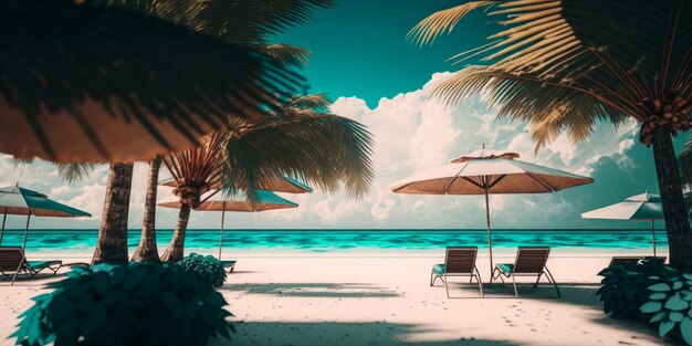 Ombrelloni e lettini in spiaggia con alberi di cocco sullo sfondo IA generativa