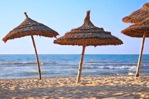 Ombrelloni in paglia sulla spiaggia