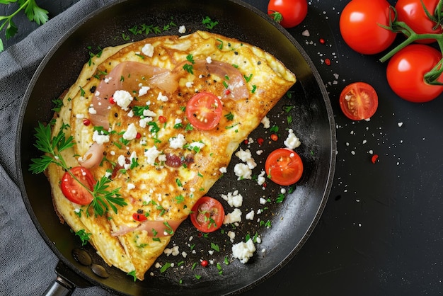 Omelette con pomodori e formaggio feta in padella vista superiore