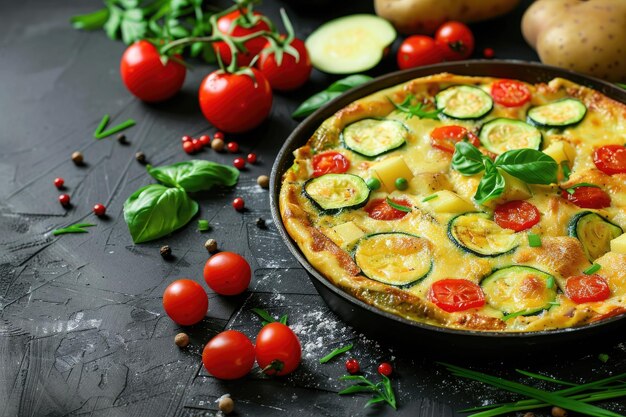 Omelette con pomodori zucchine e patate su sfondo scuro cibo a dieta sana per la colazione