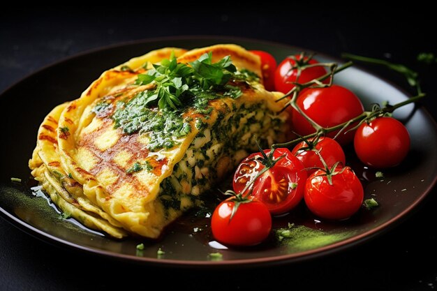 Omelette guarnita con noci di pino tostate e un po' di glassa balsamica