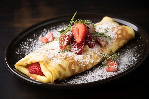 Omelette guarnita con noci di pino tostate e un po' di glassa balsamica