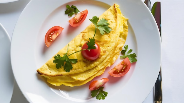 Omelette in un piatto bianco guarnita con pomodori e coriandolo