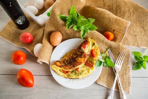 Omelette ripiena di pomodori su uno sfondo di legno chiaro cibo di dieta sano per la colazione