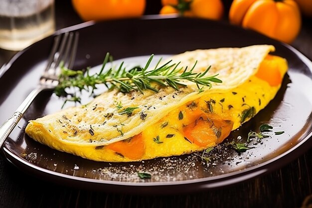 Omelette servita con un lato di croccanti waffle marroni hash e sciroppo d'acero