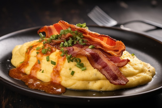 Omelette servita con un lato di croccanti waffle marroni hash e sciroppo d'acero