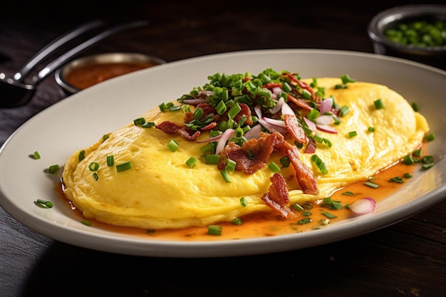 Omelette servita con un lato di croccanti waffle marroni hash e sciroppo d'acero