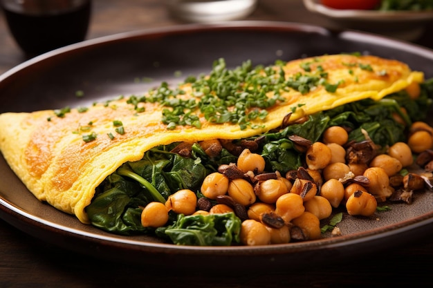 Omelette servita con un lato di croccanti waffle marroni hash e sciroppo d'acero