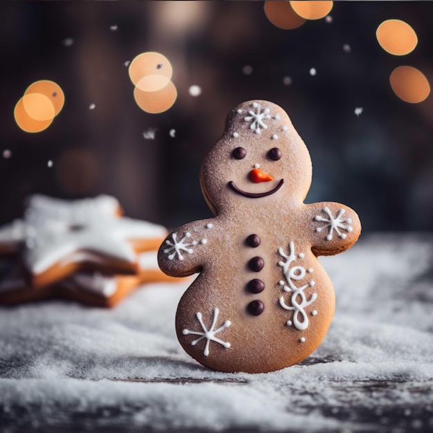 Omino di Pan di zenzero di Natale su sfondo scuro con fiocchi di neve e bokeh