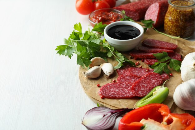 Ã Â¡oncept di cibo gustoso con salame bianco su sfondo di legno