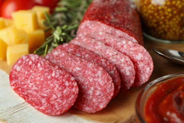 Ã Â¡oncept di cibo gustoso con salame, close up