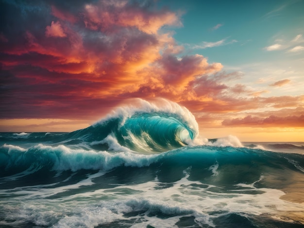 Onda colorata dell'oceano Acqua di mare a forma di cresta Luce del tramonto e bellissime nuvole sullo sfondo