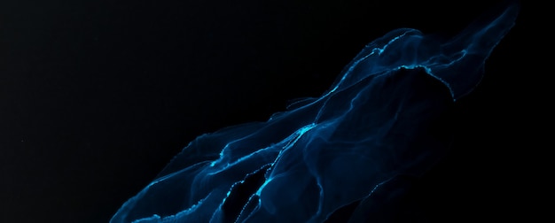 Onda elettrica blu astratta sul fondo nero di tecnologia. Vernice a luce al neon in acqua, esplosione acrilica, arte liquida fluida