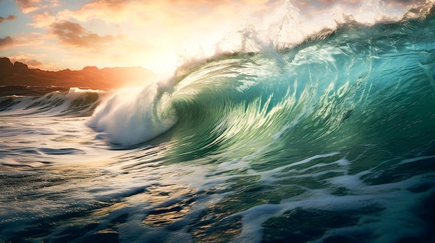 Onda gigante che si infrange nell'oceano con un bel tramonto sullo sfondo Concetto di natura oceano e surf