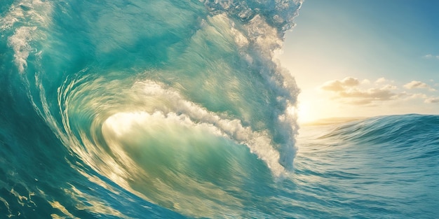 Onda gigante da surf sull'oceano in una giornata di sole. Illustrazione di un paesaggio marino con mare in tempesta, acqua turchese con schiuma bianca e spruzzi, sole e cielo azzurro con nuvole. IA generativa