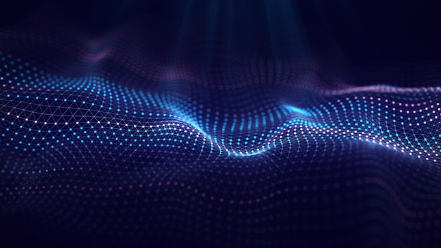 Onda incandescente futuristica Il concetto di big data Connessione di rete Cibernetica Sfondo scuro astratto di linee blu e viola con punti rendering 3d