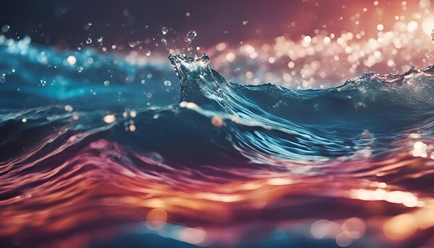 Ondata d'acqua con spruzzi e rendering bokeh 3D