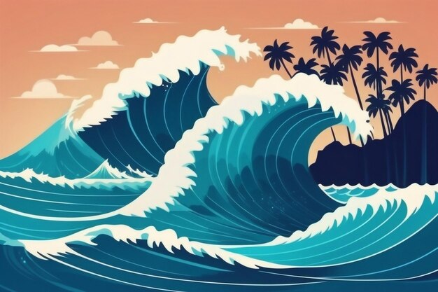 Ondata dell'oceano con illustrazione piatta di un'isola tropicale