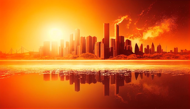 Ondata di caldo su una città sole splendente riscaldamento globale isola di calore urbano IA generativa