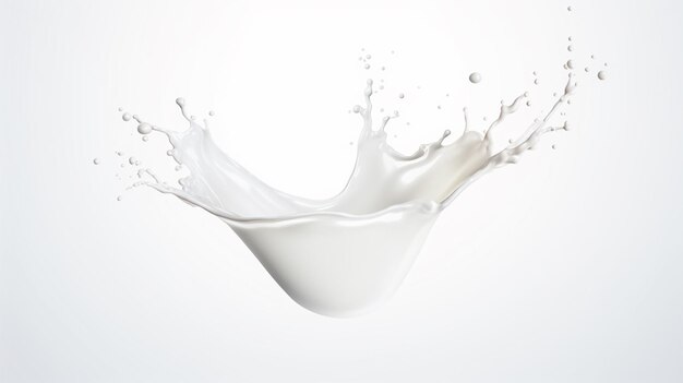 Ondata di latte bianco con schizzi e gocce Movimento dinamico del liquido isolato