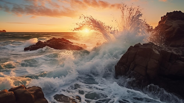 Ondate che si schiantano contro la costa rocciosa al tramonto