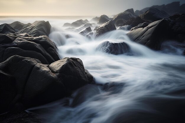 Ondate che si schiantano su una riva rocciosa catturate con una tecnica di lunga esposizione