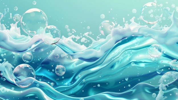 Ondate e vortici di liquido sott'acqua con bolle Vortice con detergente per lavatrice o sfere di schiuma di sapone che girano nell'aria Realistico set moderno di vortici sott'acqua che girano con shampoo