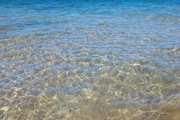 Onde astratte dell'acqua del fondo della natura del mare alla luce del sole con luogo di irrigazione della spiaggia tropicale dello spazio della copia