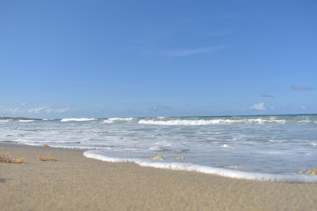 Onde blu rotolano su una spiaggia sabbiosa