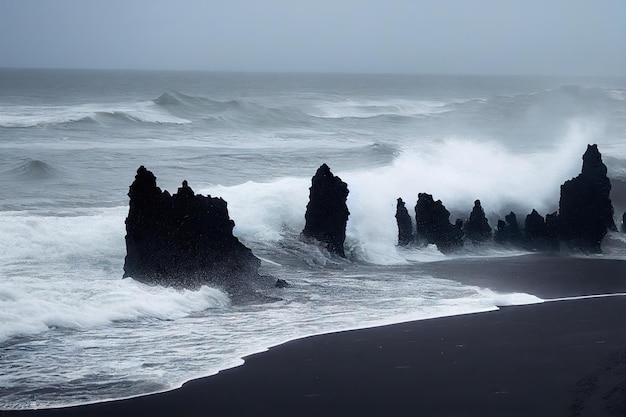 Onde che si infrangono contro le rocce sporgenti e la costa della spiaggia islandese