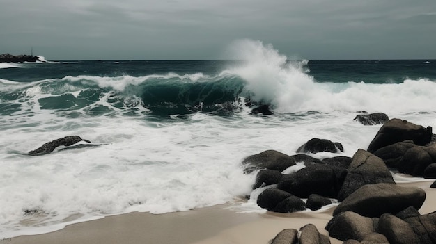 Onde che si infrangono su una spiaggia rocciosa con un cielo grigio sullo sfondo.