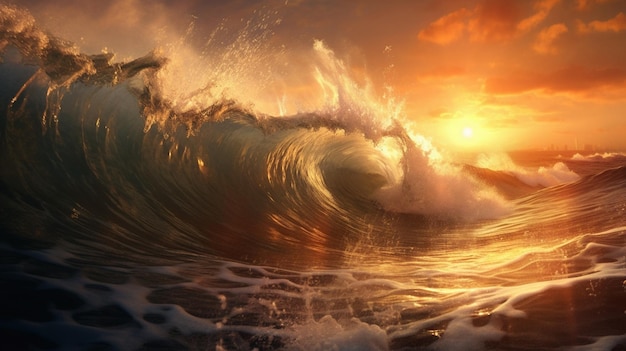 Onde che si infrangono sulla spiaggia con il sole che tramonta