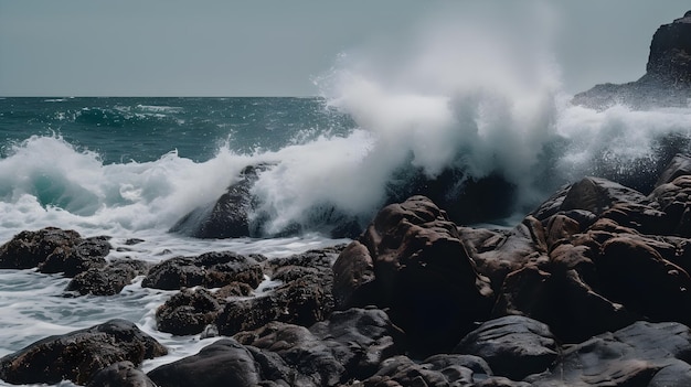 Onde che si infrangono sulle rocce della costa della california