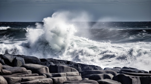 Onde che si infrangono sulle rocce nell'oceano