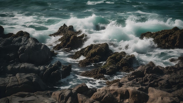 Onde che si infrangono sulle rocce nell'oceano