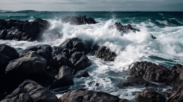 Onde che si infrangono sulle rocce nell'oceano