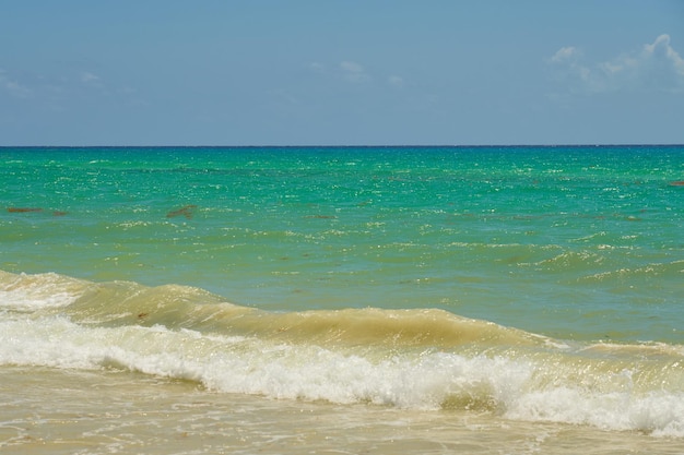 Onde con schiuma sulla costa caraibica del Messico