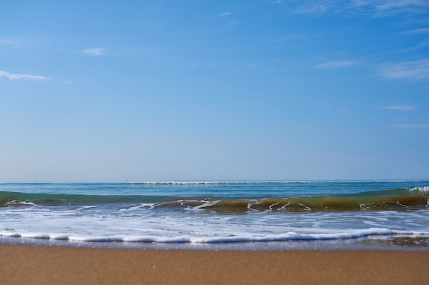 Onde con schiuma sulla spiaggia sabbiosa del Mar Mediterraneo che va oltre l'orizzonte