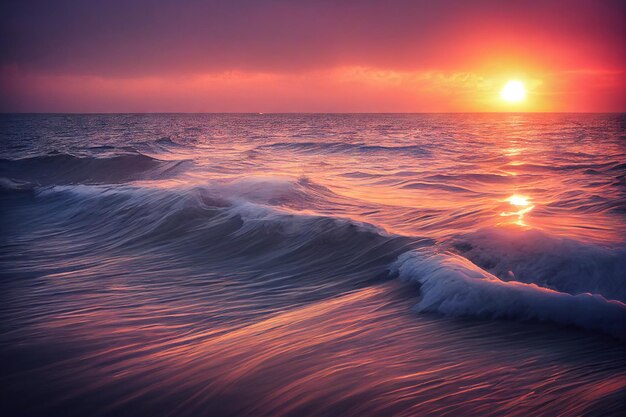 Onde del mare con schiuma nei raggi del sole sullo sfondo del cielo drammatico dell'alba