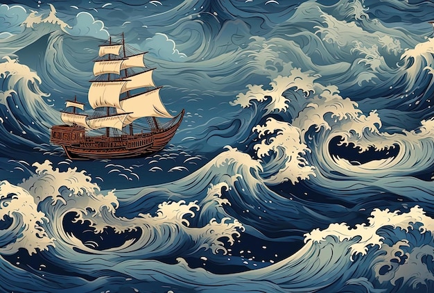 onde del mare nell'illustrazione del motivo della carta da parati nello stile dell'arte ispirata al folklore giapponese